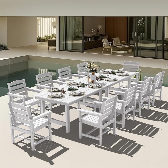 KINGYES 12 Piece Patio Dining Set, HDPE Outdoor Table and Chairs Set with Umbrella Hole, White