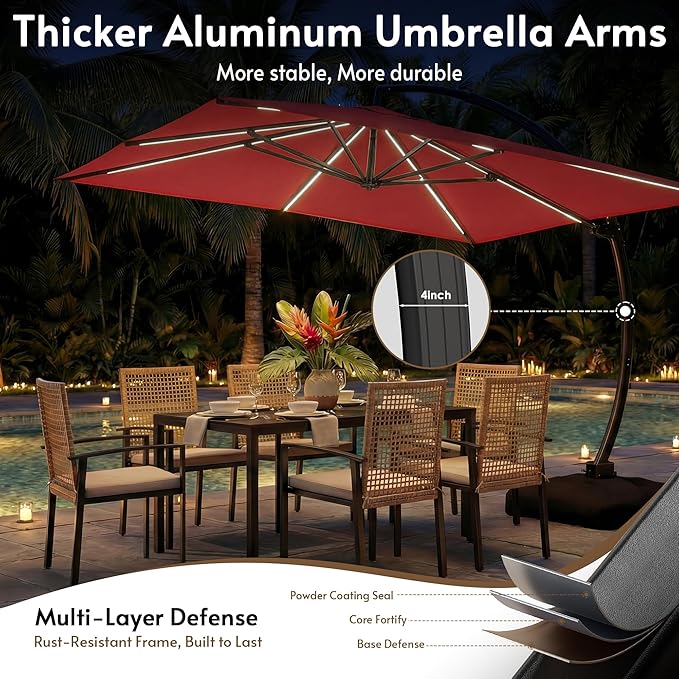 11x11FT Solar Powered LED Light Cantilever Patio Umbrella with Base Included, Large Cantilever Umbrella with 360°Rotation, Heavy-Duty Offset Outdoor Umbrella for Patio,Pool,Backyard (Red)