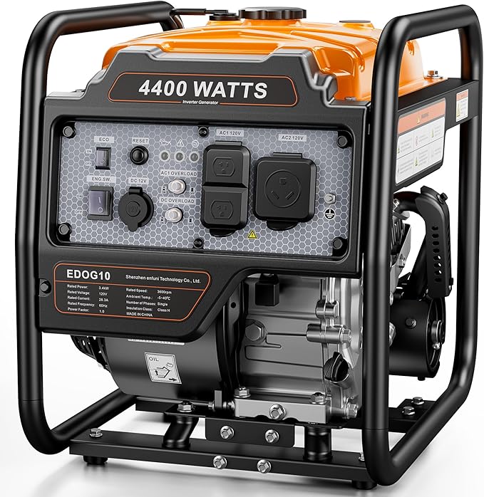 4400 Watts Open Frame Inverter Generator, Gas Powered Portable Generator for Home Backup, RV Ready 30A Outlet, ECO Mode, Quiet Operation, Low Oil Shutoff, Emergency Power, EPA Compliant