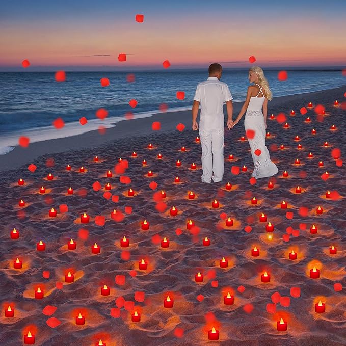Coume 6000 Pcs Artificial Rose Petals with 72 Pcs Flameless LED Candles Romantic Decorations Fake Candles Anniversary Decorations for Valentine's Day Wedding Night(Red)