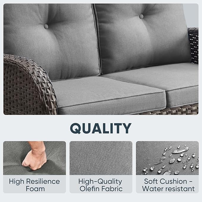 Belord Outdoor Glider Bench Patio Loveseat - 500 Lbs Weight Capacity 2 Seater Wicker Sofa, Small Porch Glider Furniture All Weather Rattan Couch with Removble Cushion for Balcony Deck Backyard, Brown