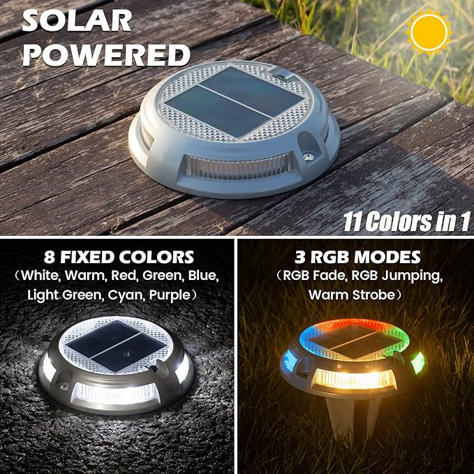 SIEDiNLAR Solar Driveway Lights Outdoor 16 LEDs 9 Modes, Dock Markers Deck Lights Waterproof Warning for Driveway Walkway Step Pathway Ground Yard Garden, RGB (8 Pack)