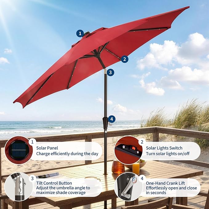 Garvee 9FT Patio Umbrella with 32 Solar LED Lights, Outdoor Table Market Umbrella with Tilt and Crank, 8 Sturdy Iron Ribs Sun Shade for Garden, Deck, Backyard and Pool, Red