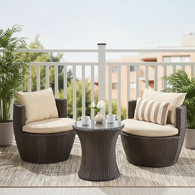 Merax Patio Furniture Set of 3, Outdoor PE Rattan Wicker Chairs with Cushion & Glass Coffee Table for Balcony Garden Front Porch, Patio Conversation Sets for 2, Sturdy Aluminum Frame, Brown+Beige