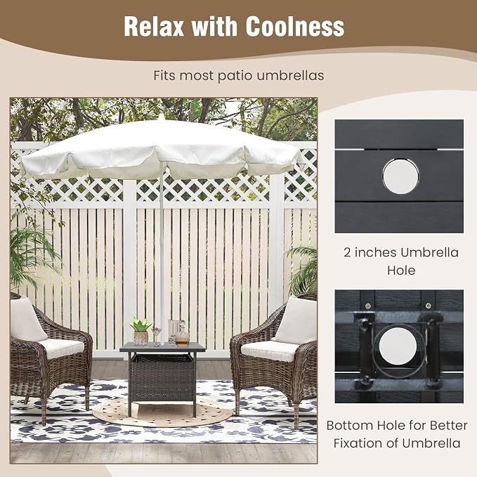 Tangkula Outdoor Wicker Table, Rattan Coffee Table with Umbrella Insert Hole, HDPE Tabletop & Sturdy Metal Frame, Patio Umbrella Side Table Stand for Backyard, Garden, Poolside (Mix Brown)
