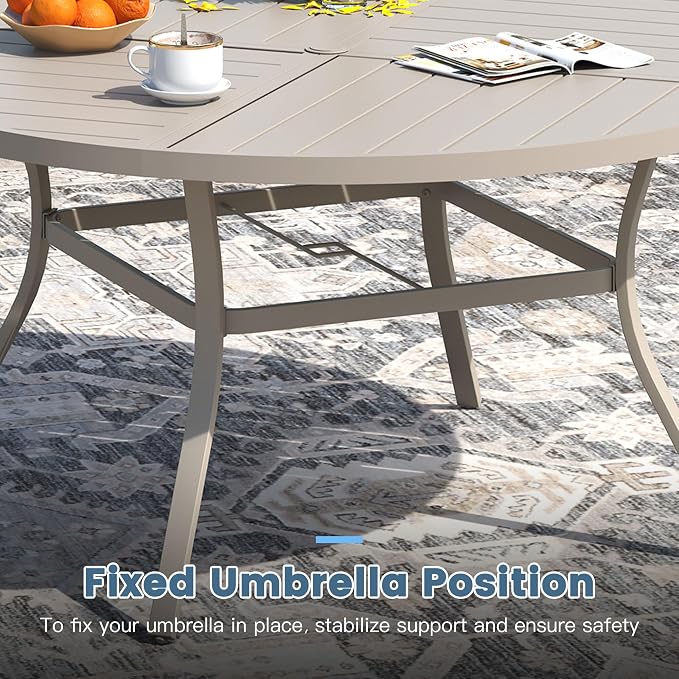 DIFY 7 Pieces Outdoor Patio Dining Set for 6, 50" Round Metal Dining Table and 6 Stackable Textilene Patio Chairs, Outdoor Table and Chairs for Backyard Garden Poolside, Sandshell