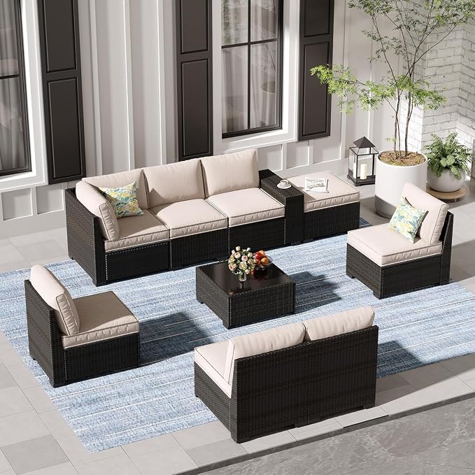 9-Piece Patio Furniture Set with All-Weather Wicker Sectional Sofa, Rattan Outdoor Conversation Seating with Cushions, Tempered Glass Coffee Table and Ottoman for Porch and Garden Relaxation(Beige)
