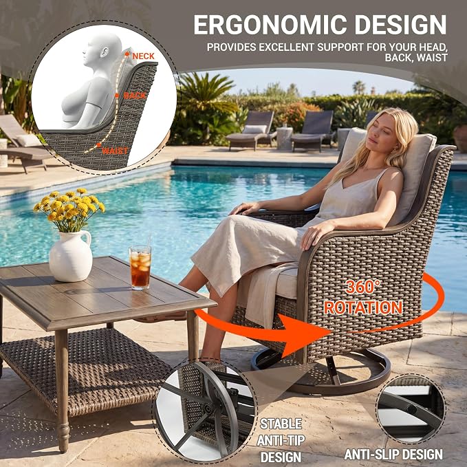 5 Piece Wicker Patio Furniture Set, Outdoor Conversation Set with Deep Seating Swivel Chairs Set of 4 and Rattan Coffee Table, Outdoor Furniture Set for Porch Balcony Garden Poolside (Brown/Beige)