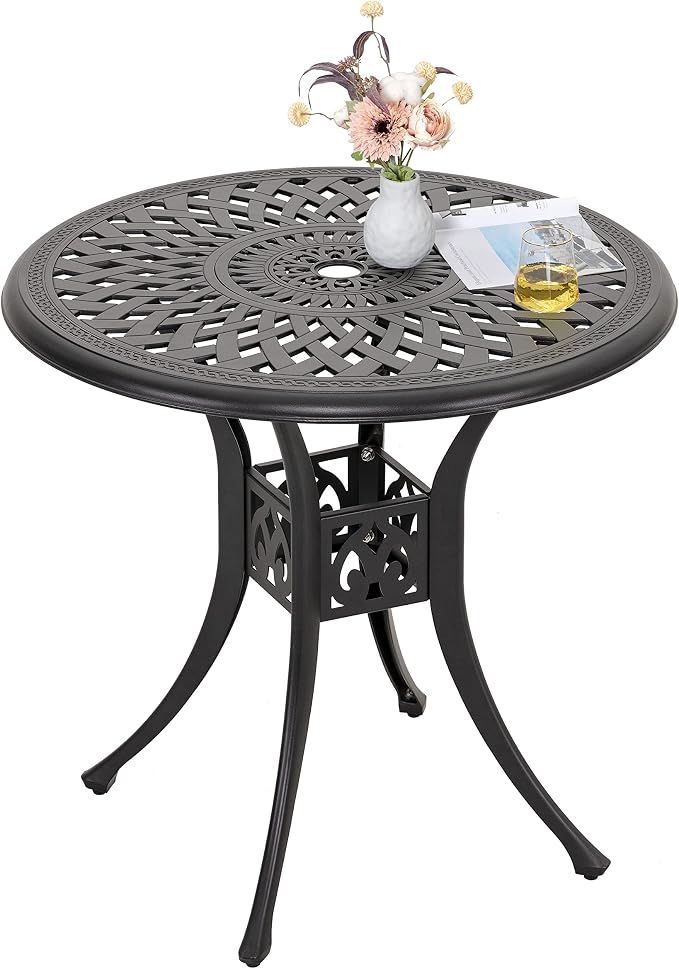 NUU GARDEN 30" Round Patio Bistro Table, Cast Aluminum Round Outdoor Bistro Table with Ice Bucket Function and Umbrella Hole for Poolside, Deck, Backyard, Balcony, Black with Gold Point