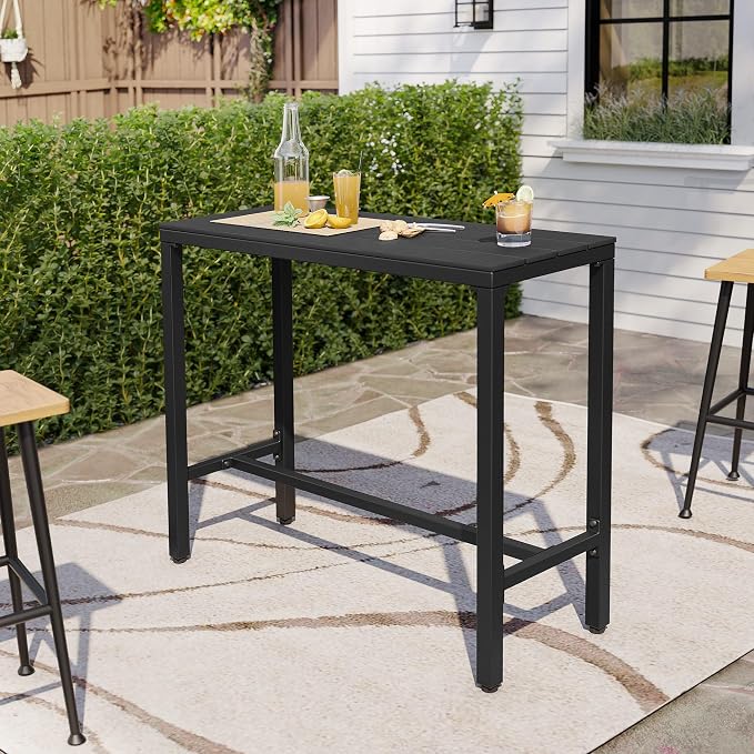 Outdoor Bar Table 43" All-Weather Patio Bar Table with Metal Frame and Waterproof Wood-Like Tabletop Outdoor Console Table for Balcony Yard Garden Bistro Hot Tub Use(Black)
