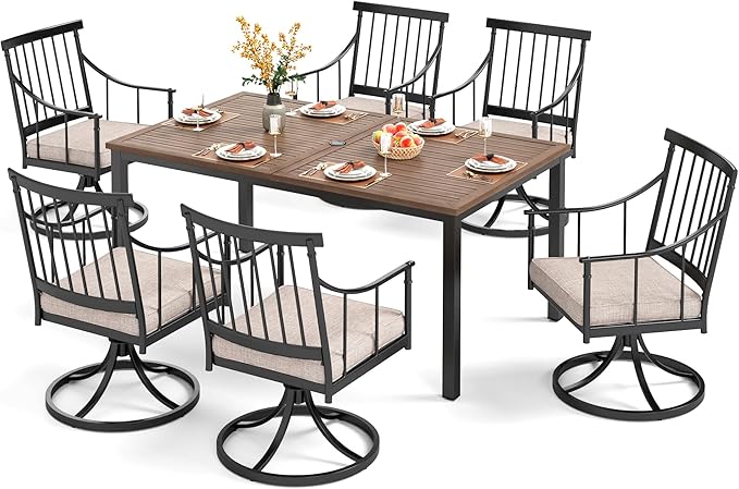 PHI VILLA 7 Piece, Outdoor Dining Set, 65"x39" Table, Umbrella Hole | Metal, Swivel Chairs, Cushions, Weather-Resistant, Rust-Resistant, 300 lbs Capacity