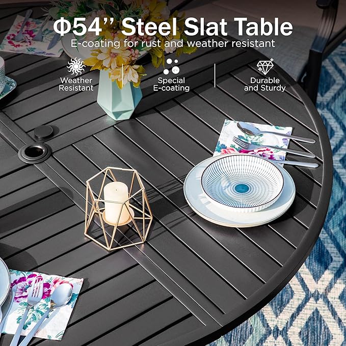 PHI VILLA Round Outdoor Dining Set for 6 with Aluminum Chairs, Blue | Stackbale chairs, Breathable & quick-drying sling, Light-weight & space-saving, Metal Table, Umbrella Hole, Patio deck