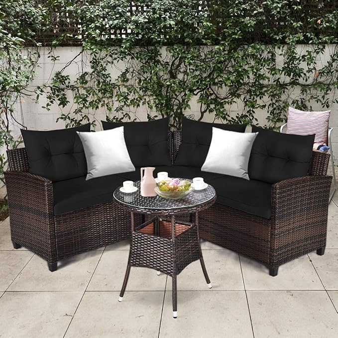 Tangkula 4-Piece C Shape Patio Furniture Set, Outdoor Corner Wicker Rattan Sectional Cushioned Sofa Set, with Glass Coffee Table, for Garden Poolside Balcony (Black)