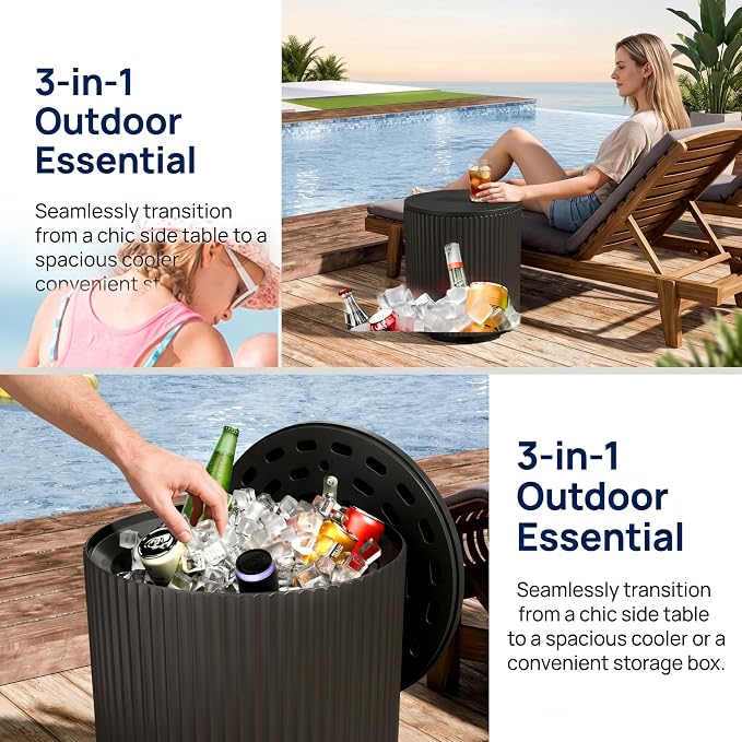 Zapdos 3-in-1 Outdoor Cooler Side Table, Dense Fluted Design, 330lbs Capacity Patio Ice Bucket