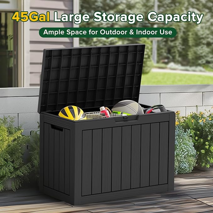 45 Gallon Outdoor Storage Box Waterproof, UV Resistant Deck Box, Lockable Resin Deck Box for Garden Tools Equipment and Cushions, Black