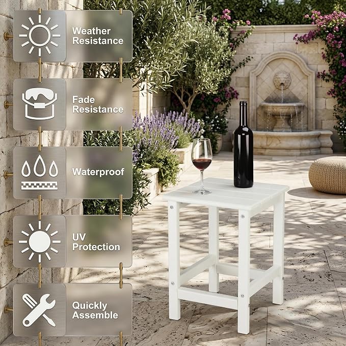 Outdoor Side Table, Square HDPE Patio End Table, Weather Resistant Adirondack Side Table for Porch, Garden, Backyard, Poolside, Waterproof Small Slat Accent Table, 14 Inch, White