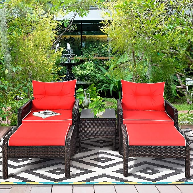 Tangkula 5 Pieces Wicker Patio Furniture Set, PE Rattan Outdoor All Weather Cushioned Sofas and Ottoman Set, 2-Person Outside Conversation Set for Lawn, Poolside, Yard, Balcony, Deck, Red