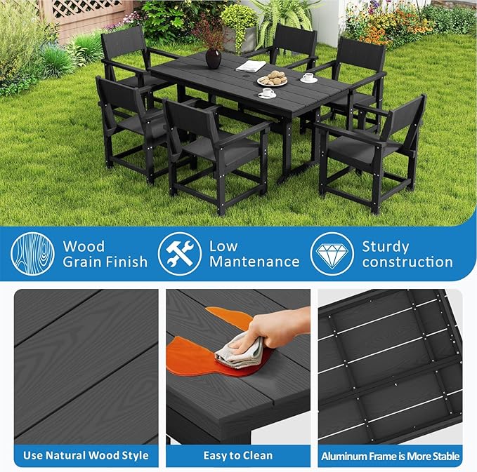7-Piece HDPE Outdoor Patio Dining Set,Outdoor Table and Chairs,Modern Plastic Dining Sets with Umbrella Hole Cut-Out Table and 6 Chairs Black