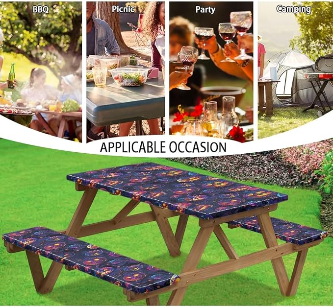 Halloween Picnic Table Cover with Bench Covers Washable Outdoor Camping Tablecloth Summer Abrasion Resistant Waterproof Picnic Table Cover 3 Piece Set