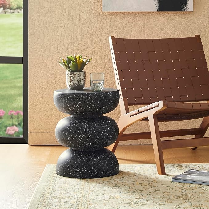 Glitzhome Outdoor Side Table, Round Small End Table with Black Geometric Terrazzo Finish MGO Hourglass Garden Stool, Set of 2 Decorative Accent Table for Living Room Planter Stand Backyard Patio Porch