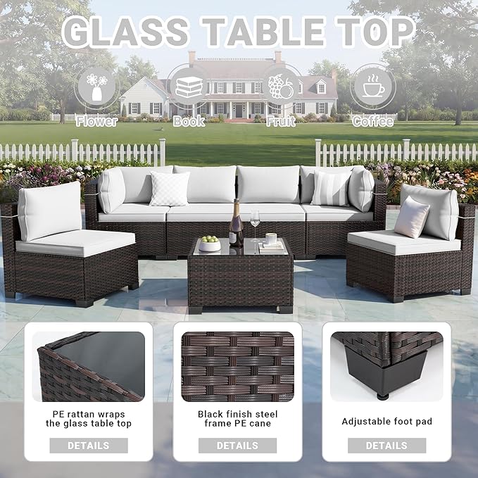 LEVELEVE 7 Pieces Outdoor Patio Furniture Sets,Rattan Conversation Sectional Set,Manual Weaving Wicker Patio Sofa with Tea Table