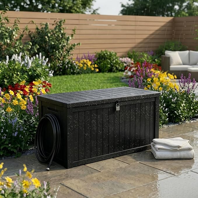 198 Gallon Resin Deck Box – Finally, a Lockable Outdoor Storage That Fits Everything (Cushions, Tools, Pool Gear & BBQ) – Weatherproof Wood Grain Design for Patio, Garden, Office, Home Indoor Outdoor