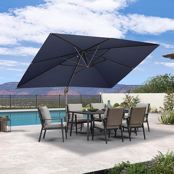 PURPLE LEAF 10' X 13' Patio Cantilever Umbrella Rectangle Umbrella Outdoor with Aluminum Offset Antique Bronze Hanging and 360° Rotation for Pool Garden Deck Patio, Navy Blue