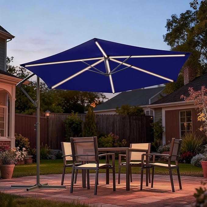 10ft Offset Patio Umbrella with Solar Light Strips,Outdoor Cantilever Hanging Umbrella with Cross Base, Fade Resistant Recycled Fabric, for Pool, Deck, Garden,Backyard,