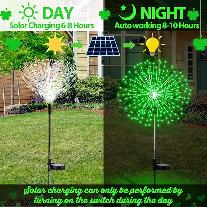 Tujoe 4 Pcs St Patricks Day Solar Lights Solar Firework Lights Decoration 180 LED 8 Modes Waterproof LED Stake Sparkler Decor for Irish Walkway Pathway Driveway Garden Patio Yard Lawn(Green)