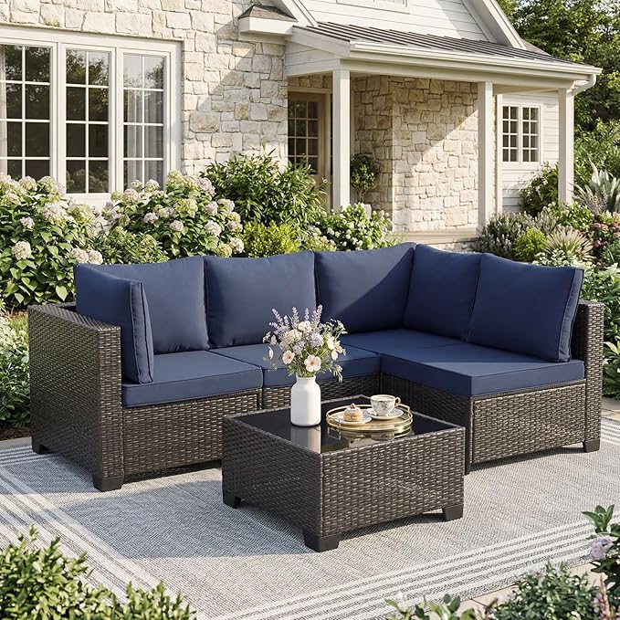 ANJ 5 Piece Outdoor Wicker Patio Furniture Set, Modular Loveseat Sofa with with Glass Top Coffee Table, All-Weather Rattan Conversation Couch Set for Balcony, Backyard, Dark Brown Wicker-Blue