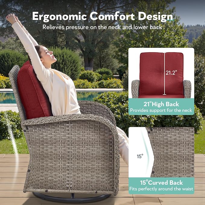 Outdoor Swivel Glider Rocker Chairs Set of 4 - Wicker Patio Furniture Set All Weather Patio Conversatio Sets with 2 Tempered Glass Side Table for Deck Backyard - Grey Wicker Red Cushion