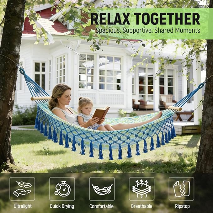 Portable Hammock, Bohemian Hammock,2person Hammock,for Suitable,Patio,Beach,Backyard,Garden,（Cyan 79 * 59