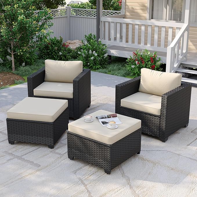 Aoxun 4 Piece Patio Furniture Set with Ottomans, Wicker Outdoor Furniture Conversation Set with 4" Thick Cushions for Deck Yard and Poolside Beige