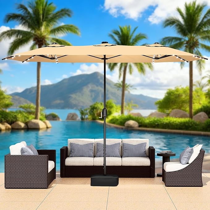 CHABATREE 14FT Large Patio Patio Umbrella with Base & Solar LED Lights - Double-Sided,Kahaki