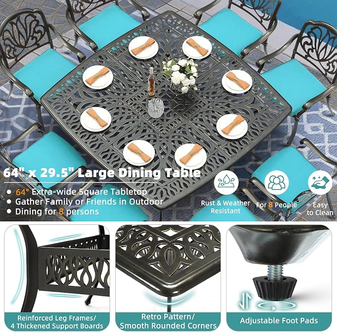 MEETWARM 64" Square Cast Aluminum Patio Dining Table, Weather-Resistant Large Outdoor Dining Table for 8 Person, Patio Furniture Table with Umbrella Hole and Adjustable Foot Pads, Dark Bronze