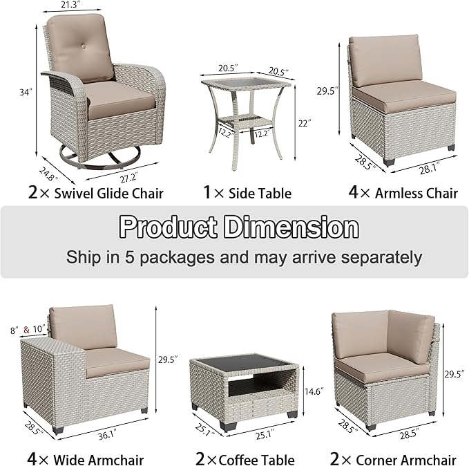 15-Piece Outdoor Patio Furniture Set, Modular Sectional Sofa Set with Swivel Rocker Chairs, Wicker Outdoor Couch Conversation Sets w/Coffee Table and Cushions, Khaki