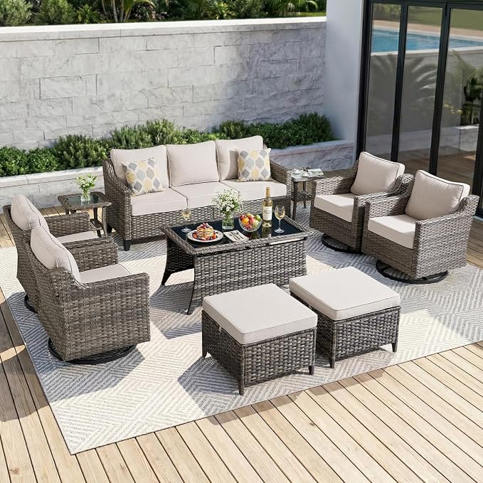 Luxury Patio Furniture Chairs Set - 6 Pieces All Weather Wicker Outdoor Couch and High Back Swivel Rocker Patio Chairs with Side Table for Deck Yard and Poolside Gray Wicker | Beige Cushions