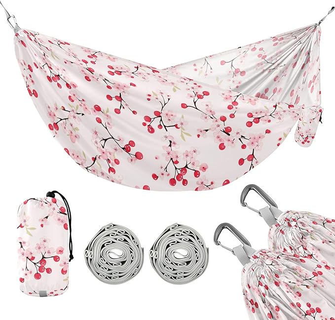 Camping Hammock Outdoor Hammocks for Outside Cherry Flower Pink Beach Trees Portable Lightweight with Pockets Tree Straps Indoor