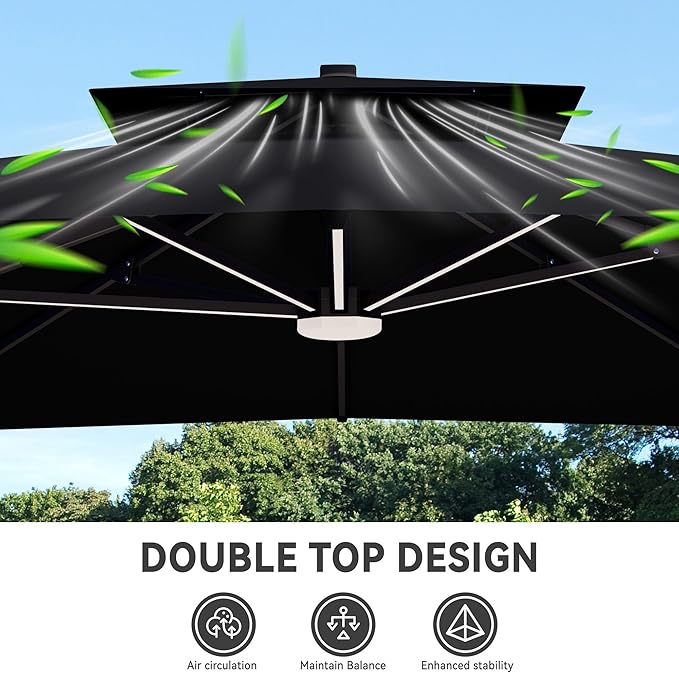 10x13 FT Cantilever Patio Umbrella with Led Lights Double Top Outdoor Rectangular Large Heavy Duty Aluminum Offset Umbrellas with 7 Level Tilt 360-degree Rotation for Pool Garden Deck, Black