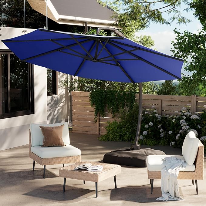 ENSTVER 12FT Cantilever Patio Umbrella With Base Included, Round Large Aluminum Outdoor Cantilever, Heavy Duty Offset Umbrella with 360°Rotation for Pool, Deck, Backyard, Garden(Navy Blue)