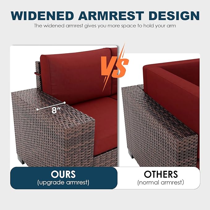 Patio Furniture Set, 8 Pieces Outdoor Sectional Sofa Conversation Sets with Waterproof Cover Modern Wicker Seating Set, 4'' Thickened Cushions 1 Glass Coffee Table 2 Armless Sofas, Wine