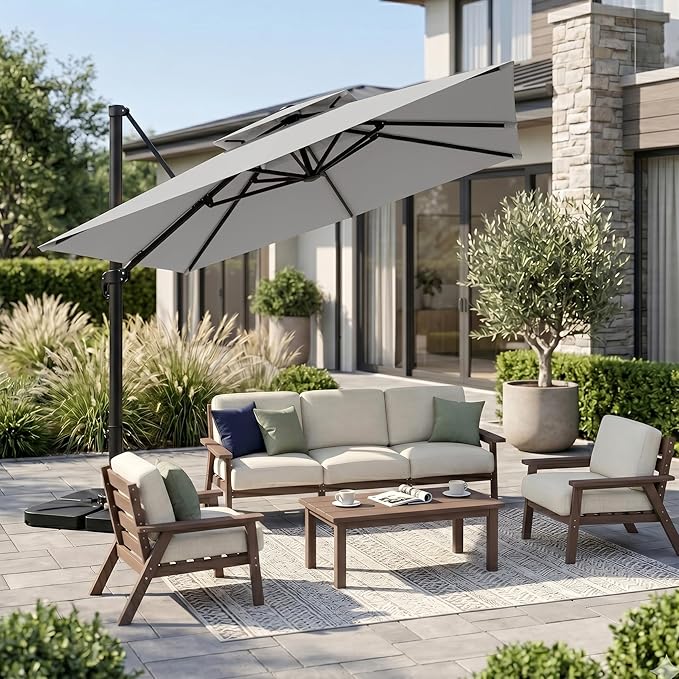 Kingdura Cantilever Patio Umbrella with Double Top Vent, Large Square Aluminum Outdoor Offset Umbrella with 360-degree Rotation, Infinite Tilt, UV Protection for Pool Deck Garden Patio