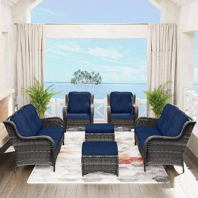 Outdoor Wicker Couch Set 6 Pieces - Outdoor Wicker Patio Furniture Set with 2 Armchairs, 2 Couch and 2 Ottomans, Olefin Cushions Included(Mixed Grey/Blue)