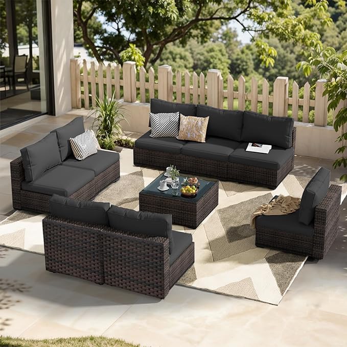 Patio Furniture Set 9 Piece All Weather PE Rattan Outdoor Sectional Sofa Couch with 8 x armless Sofa, No-Slip Cushions and Glass Top Table for Garden, Poolside, Backyard (Black)