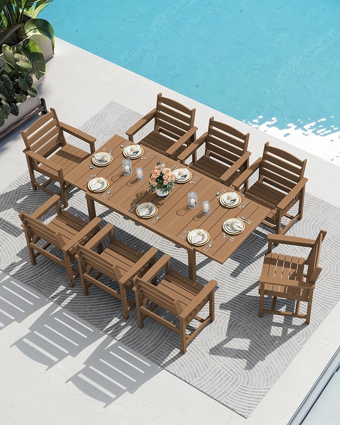 SERWALL 60" - 83" Expandable Outdoor Dining Table and 6 HDPE Chairs, Brown | Outdoor Dining Set for 6, All Weather Aluminum and HDPE Outdoor Furniture Set, Extendable Patio Dining Table