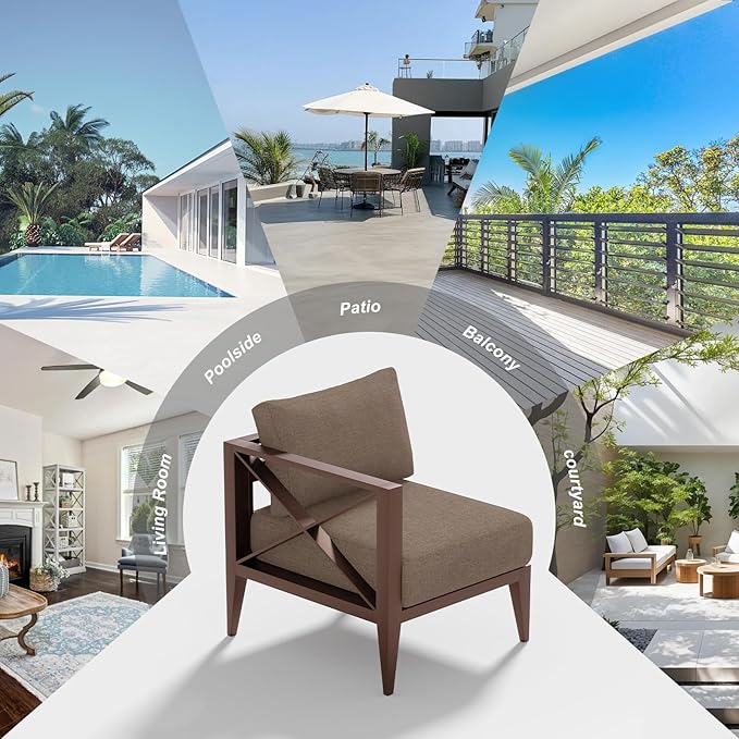 MBY Outdoor Aluminum Patio Furniture Set, 5-Seats Patio Conversation Sofa Set with 1 Corner Sofa and 2 Coffee Tables, All Weather for Pool, Balcony, Garden-Brown