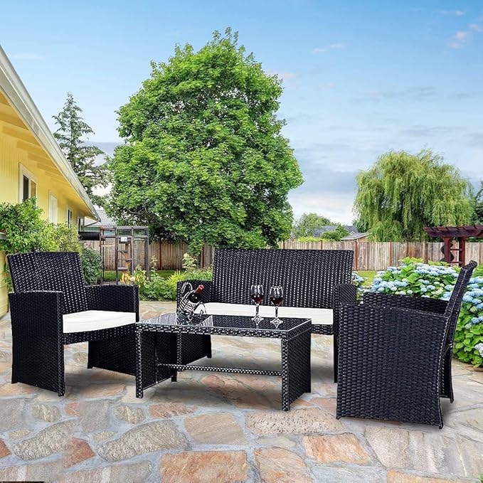 LDAILY LUARANE 4-Piece Rattan Sofa Set w/Soft Weather Resistant Cushions and Tempered Glass Tabletop, Outdoor Patio Furniture Set for Garden, Poolside, Weaving Rattan Conversation Sofa