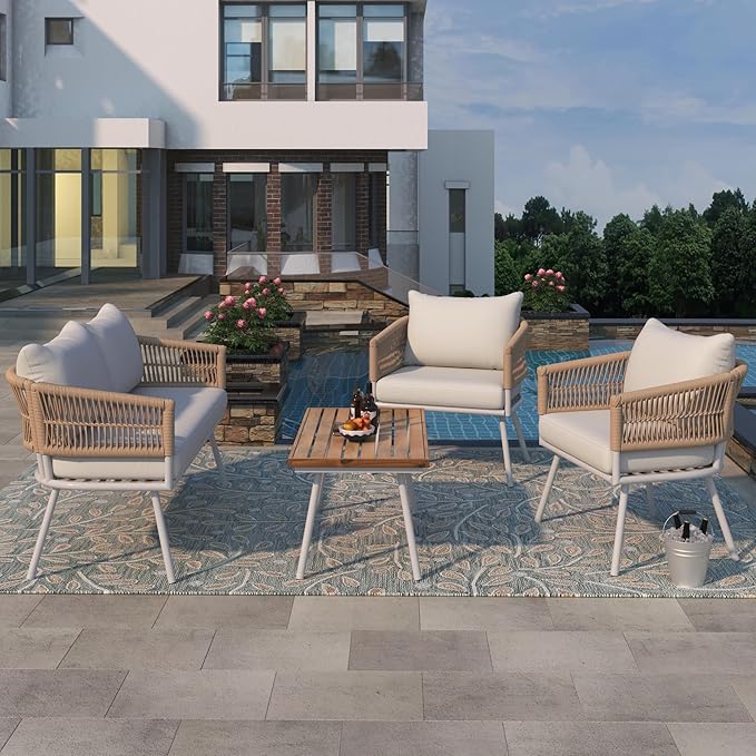 GOWE 4-Piece Boho Rope Patio Furniture Set, Outdoor Furniture with Acacia Wood Table, Patio Conversation Set with Deep Seating & Thick Cushion for Backyard Porch Balcony, Beige
