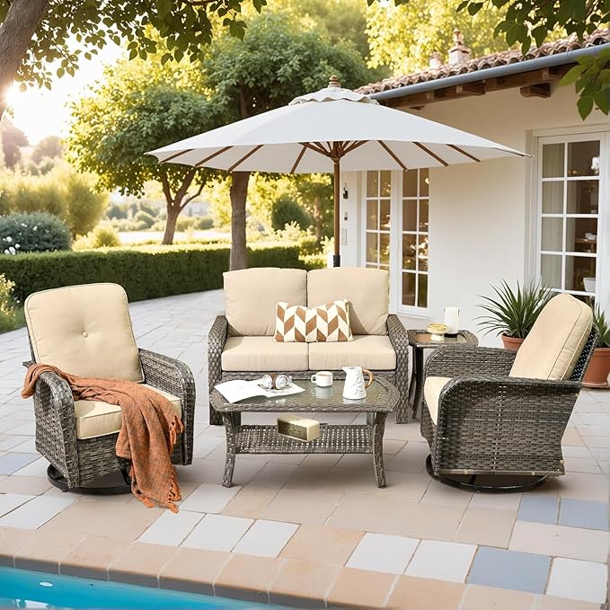 5 Pieces Outdoor Patio Furniture Set with Coffee Table, All Weather Wicker Patio Conversation Sets with Rocking Chairs, Balcony Furniture Sets for Backyard, Garden, Poolside, Beige