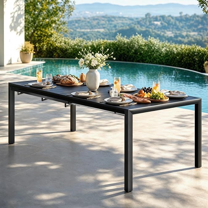 bigget Extendable Patio Dining Table for 8, 78.8" Long Rectangular Expandable Outdoor Dining Table for 8, 500LBS Powder-Coated Black Metal Extra Large Outdoor Patio Table for Outside, Garden, Lawn